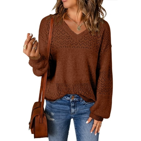 Eytino Pullover Sweaters for Women Casual Long Sleeve V Neck Sweater Lightweight Crochet Pullover Sweater Tops Coffee 2XL
