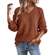 Eytino Pullover Sweaters for Women Casual Long Sleeve V Neck Sweater Lightweight Crochet Pullover Sweater Tops Coffee 2XL
