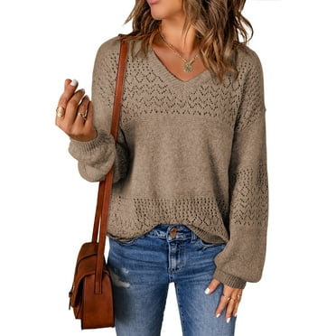 Eytino Pullover Sweaters for Women Casual Long Sleeve V Neck Sweater Lightweight Crochet Pullover Sweater Tops L