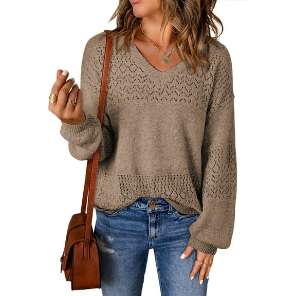 Eytino Pullover Sweaters for Women Casual Long Sleeve V Neck Sweater Lightweight Crochet Pullover Sweater Tops L