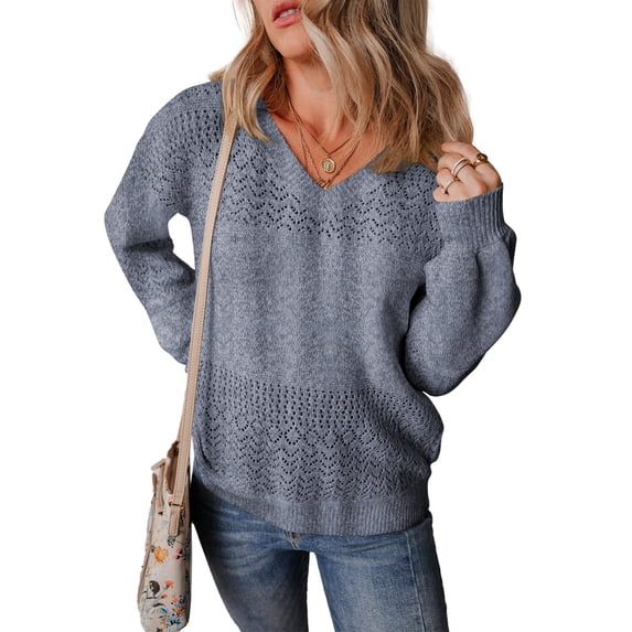 Eytino Pullover Sweaters for Women Crochet Hollow Out Sweater V Neck Long Sleeve Knit Pullover Jumper Tops Lightweight Oversized Sweaters Blue 2XL