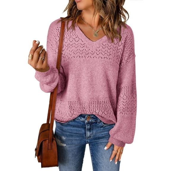 Eytino Pullover Sweaters for Women Crochet Hollow Out Sweater V Neck Long Sleeve Knit Pullover Jumper Tops Lightweight Oversized Sweaters Pink M