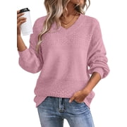 Eytino Pullover Sweaters for Women Sweater V Neck Long Sleeve Knitted Lightweight Sweaters Crochet Hollow Out Oversized Sweaters Pink L