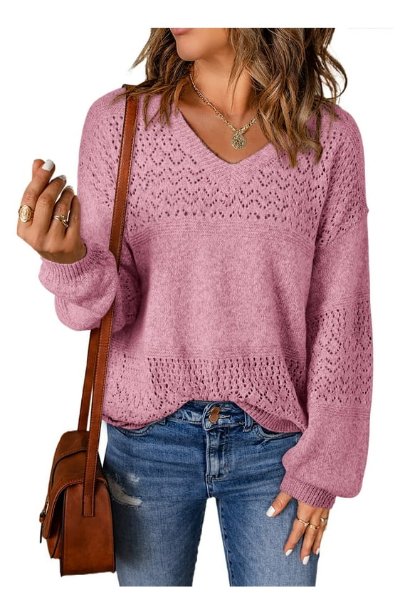 Pullover Sweaters for Women Sweater V Neck Long Sleeve Knitted Lightweight Sweaters Crochet Hollow Out Oversized Sweaters Pink L