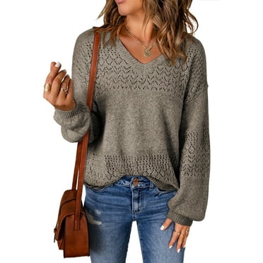Eytino Pullover Sweaters for Women Sweater V Neck Long Sleeve Knitted Lightweight Sweaters Crochet Hollow Out Oversized Sweaters S