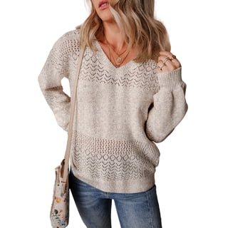 Eytino Pullover Sweaters for Women Sweater V Neck Long Sleeve Lightweight Crochet Sweater Hollow Out Knit Sweater Tops Oversized Sweaters Brown L
