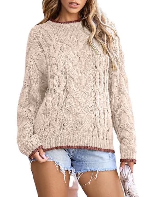 Pullover Sweaters for Women Trendy Crewneck Long Sleeve Cable Knit Sweater Casual Chunky Warm Fall Sweater Tops Beige Size L