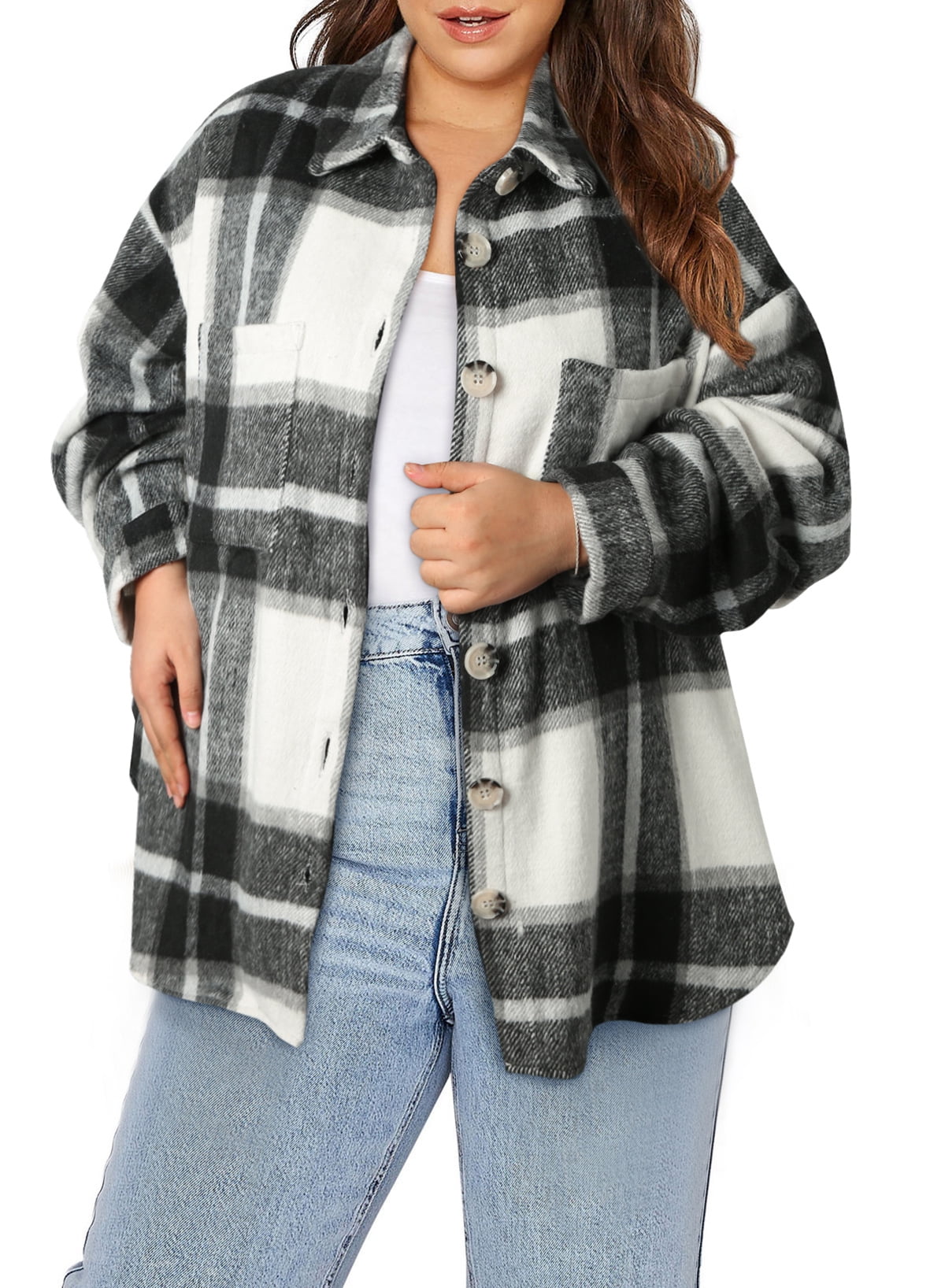 Eytino Shacket Jacket Women Plus Size Casual Long Sleeve Button Up Flannel  Plaid Shacket Coats with Pockets 4X Gray 