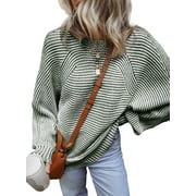 Eytino Womens Sweaters Fall Color Block Striped Sweaters for Women Oversized Sweater Casual Boat Neck Batwing Sleeve Pullover Knit Jumper Tops