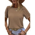 thumbnail image 1 of Eytino Summer Tops Womens Waffle Knit T Shirts Casual Crew Neck Hollow Out Tee Shirts Raglan Short Sleeve Summer Tops Blouses S-2XL Brown, 1 of 8