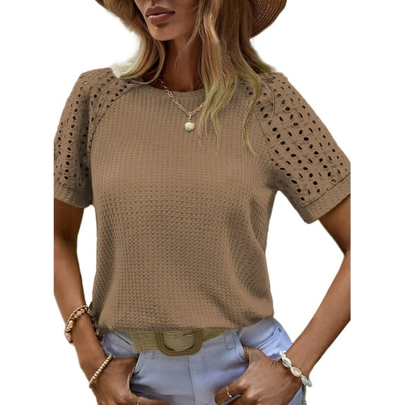 Eytino Summer Tops Womens Waffle Knit T Shirts Casual Crew Neck Hollow Out Tee Shirts Raglan Short Sleeve Summer Tops Blouses S-2XL Brown