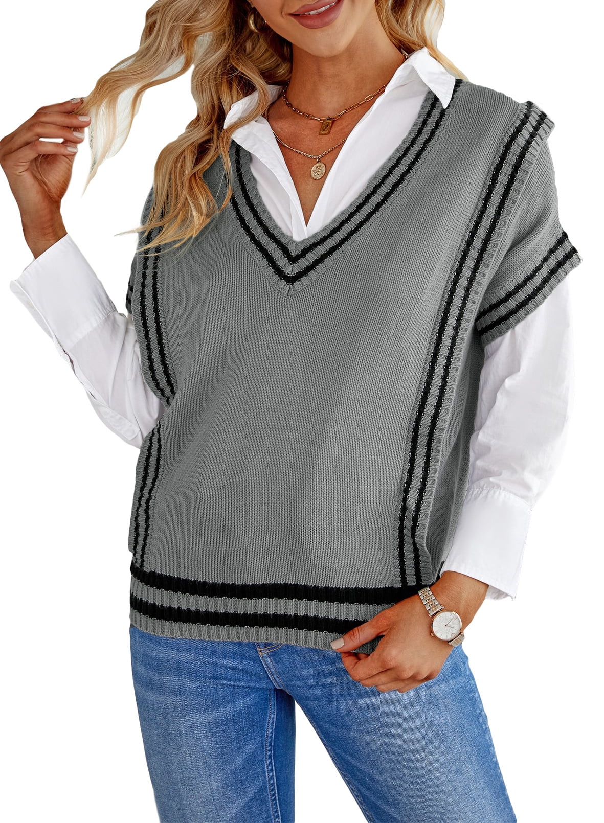 Eytino Sweater Vests for Women V Neck Preppy Style Houndstooth