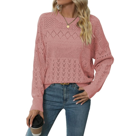Eytino Women’s Sweaters Long Sleeve Crochet Sweaters Casual Lightweight Crewneck Pullover S-2XL