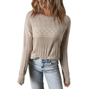 EYTINO Sweaters for Women Fall Sweaters Casual Crewneck Long Sleeve Crochet Pullover Tops Sweater S-2XL