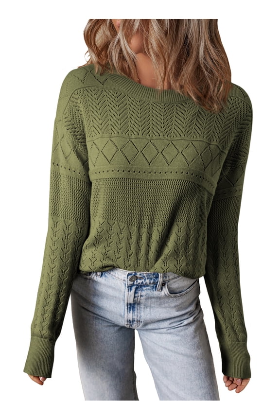 Womens Sweater Long Sleeve Crewneck Crochet Pullover Tops Sweater Soft Lightweight Knit Women's Sweater S-2XL