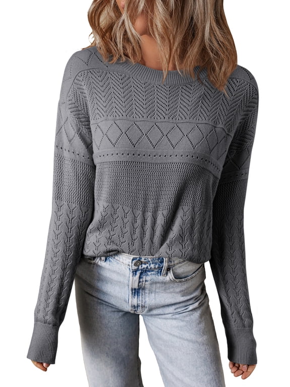 Sweaters For Women Fall Casual Crewneck Long Sleeve Crochet Pullover Tops Sweater S-2XL