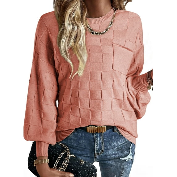 Eytino Sweaters for Women Fall Fashion 2025 Oversized Sweater Casual Crewneck Long Sleeve Lightweight Checkered Knit Pullover Sweater Tops Pink Size M