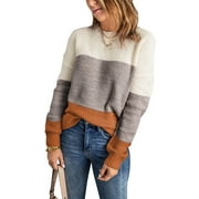 Eytino Women Sweater Long Sleeve Sweaters Casual Crewneck Striped Color Block Pullover Shirts Oversized Knit Sweater Brown L