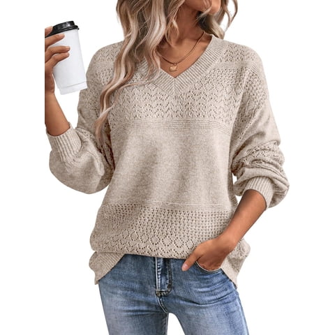 Sweaters for Women Oversized Sweater Lightweight Crochet Sweater V Neck Long Sleeve Hollow Out Knit Sweater Pullover Jumper Tops Fall Sweater Brown M