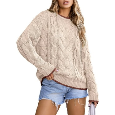 Eytino Sweaters for Women Cable Knit Chunky Pullover Sweater Casual Crewneck Long Sleeve Color Block Sweater Tops Beige Size M