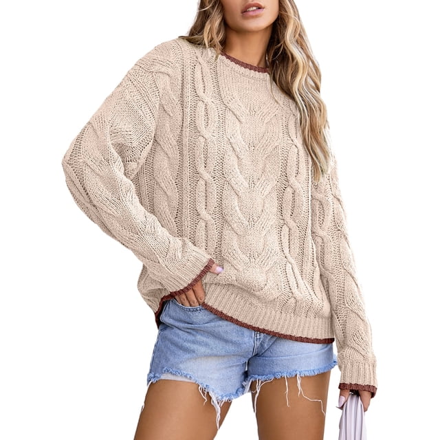 Eytino Sweaters for Women Cable Knit Chunky Pullover Sweater Casual Crewneck Long Sleeve Color Block Sweater Tops Beige Size M