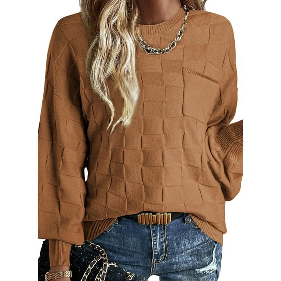 Eytino Sweaters for Women Casual Crewneck Long Sleeve Sweaters Lightweight Checkered Knit Pullover Sweater Tops Women's Fall Clothes Brown Size 2XL