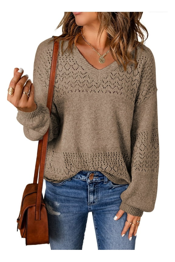 Sweaters for Women Casual Long Sleeve V Neck Sweater Lightweight Crochet Pullover Sweater Tops S
