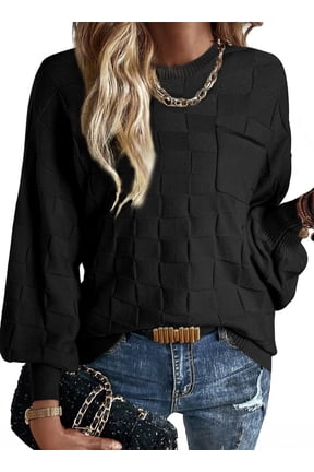 Sweaters for Women Fall Oversized Sweater Casual Crewneck Long Sleeve Sweaters Lightweight Checkered Knit Pullover Sweater Tops Black Size 2XL