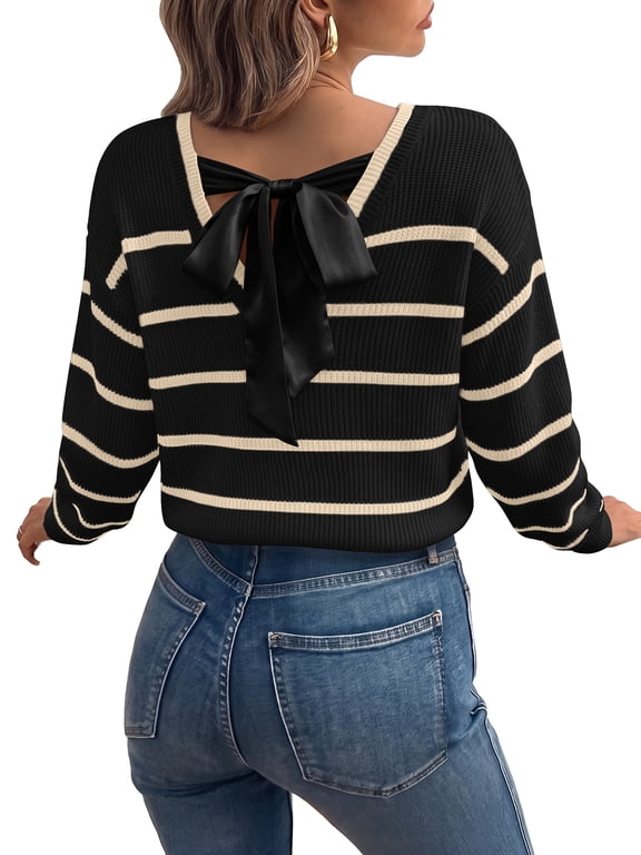 Sweaters for Women Long Sleeve Back Bow Sweaters V Neck Fall Color Block Pullover Tops