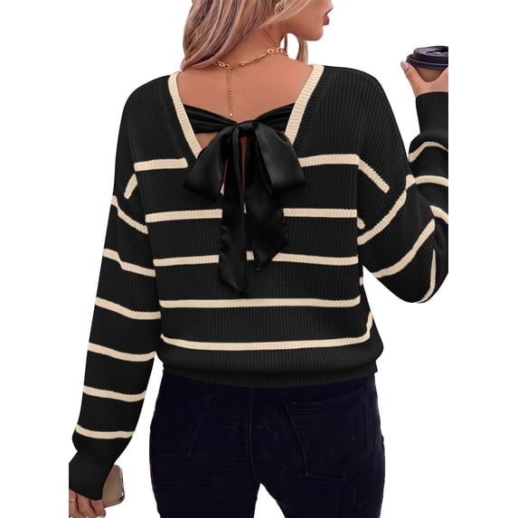 Eytino Sweaters for Women Long Sleeve Back Bow Sweaters V Neck Fall Color Block Pullover Tops
