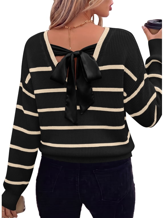 Sweaters for Women Long Sleeve Back Bow Sweaters V Neck Fall Color Block Pullover Tops
