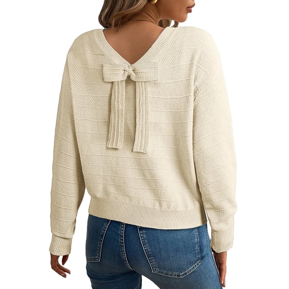 Eytino Sweaters for Women Long Sleeve Fall Back Bow Knot Sweaters Crew Neck Solid Knit Pullover Tops