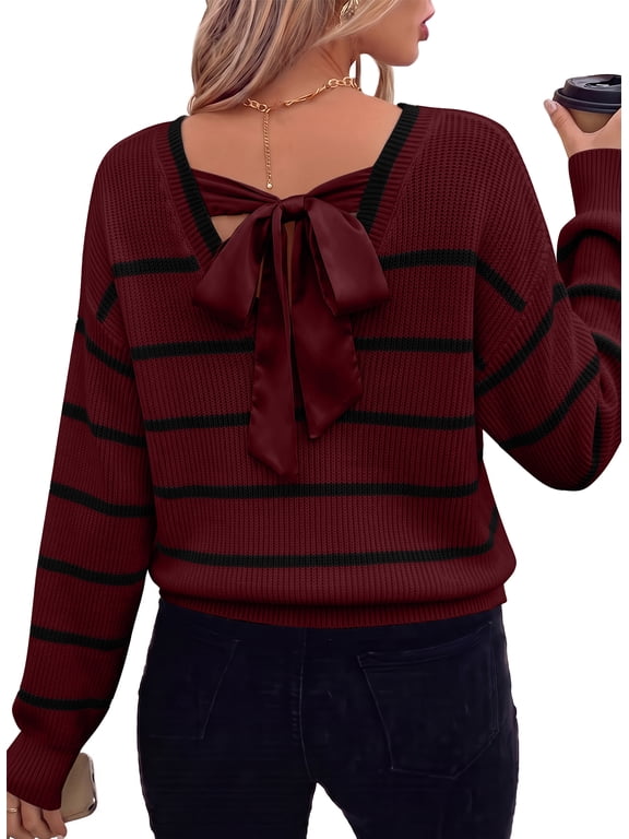 Sweaters for Women Long Sleeve Fall Back Bow Knot Sweaters V Neck Solid Knit Pullover Tops