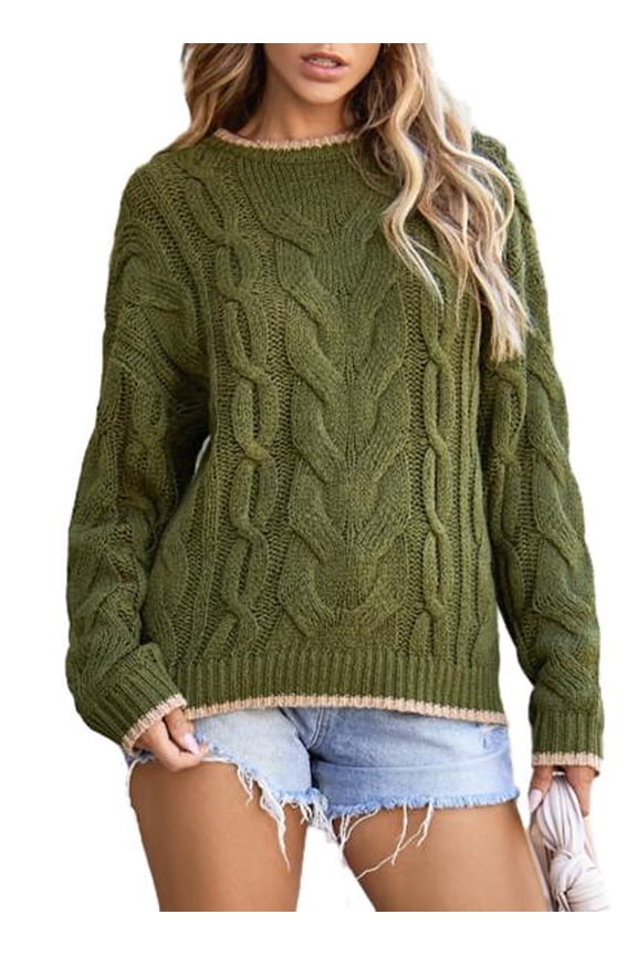 Sweaters for Women Pullover Sweater Trendy Crewneck Long Sleeve Color Block Sweater Tops Cable Knit Sweater Fall Sweater Green Size S