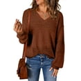 thumbnail image 1 of Eytino Sweaters for Women Sweaters Long Sleeve V Neck Crochet Casual Knit Pullover Hollow Out Lightweight Oversized Sweaters Coffee M, 1 of 8