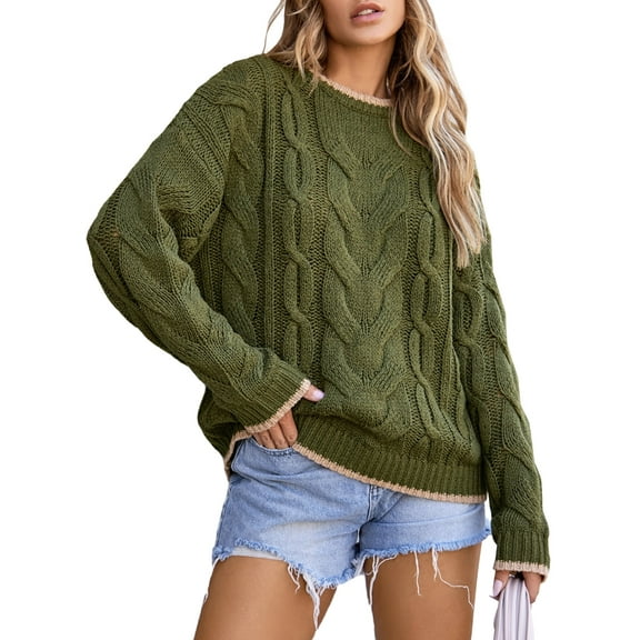 Eytino Sweaters for Women Trendy Crewneck Long Sleeve Cable Knit Sweater Casual Chunky Warm 2025 Fall Pullover Sweater Tops Green Size M