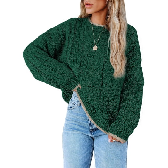 Eytino Womens Sweaters Trendy Crewneck Long Sleeve Color Block Sweater Tops Cable Knit Pullover Sweater for Women Blackish Green Size XL