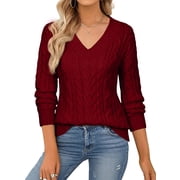 Eytino Sweaters for Women V Neck Cable Knit Oversized Solid Long Sleeve Pullover Tops