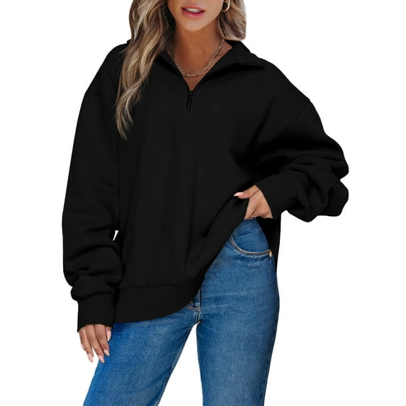 Eytino Sweatshirt Women Oversized Sweatshirts Half Zip Pullover Long Sleeve Solid Drop Shoulder Fleece Sweatshirt XL Black