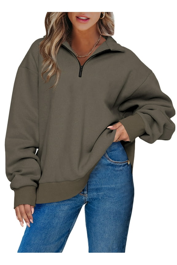 Sweatshirts Half Zip Pullover Fleece Quarter Zipper Hoodies Fall Oversized Long Sleeve Solid Drop Shoulder Sweatshirt 2XL Brown