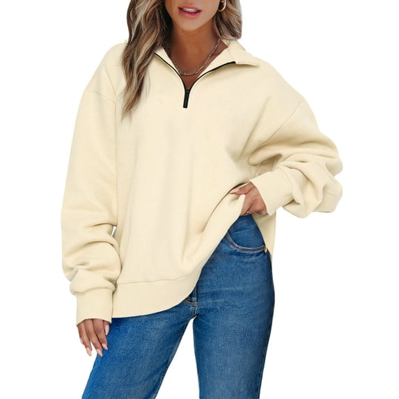 Eytino Sweatshirts for Women Oversized Sweatshirts Hoodies Half Zip Pullover Long Sleeve Solid Drop Shoulder Fleece Sweatshirt L Beige