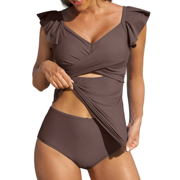 Eytino Swim Suits Tankini Swimsuits for Women Cutout Tummy Control Bathing Suits V Neck Ruffled Two Piece Tankini Tops with Bikini Bottoms Swimwear Brown S-2XL