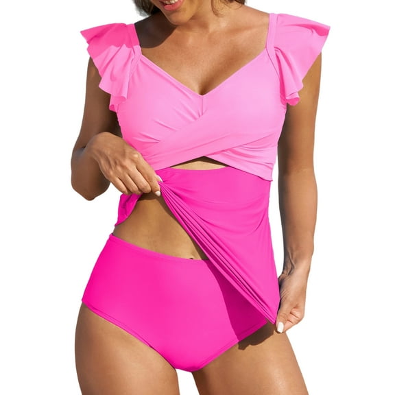 Eytino Swim Suits Tankini Swimsuits for Women Cutout Tummy Control Bathing Suits V Neck Ruffled Two Piece Tankini Tops with Bikini Bottoms Swimwear Pink S-2XL