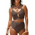 thumbnail image 1 of Eytino Swimming Suits for Women Women High Waisted Bikini Set Textured Ruched Two Piece Swimsuit V Neck Cutout Bikini Ribbed Bathing Suit Swimwear Brown S-2XL, 1 of 8