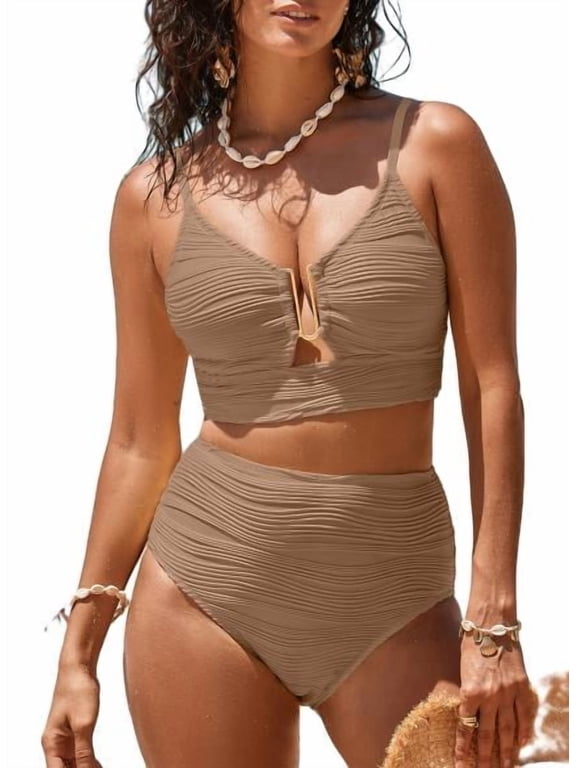 Swimming Suits for Women Women High Waisted Bikini Set Textured Ruched Two Piece Swimsuit V Neck Cutout Bikini Ribbed Bathing Suit Swimwear Brown S-2XL