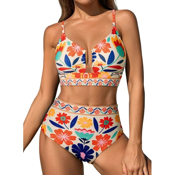 Eytino Swimming Suits for Women 2 Piece U Wire Cutout Bikini Sets Floral Print High Waisted Swimsuit Summer Beach Swim Bathing Suit