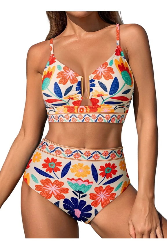 Swimming Suits for Women 2 Piece U Wire Cutout Bikini Sets Floral Print High Waisted Swimsuit Summer Beach Swim Bathing Suit