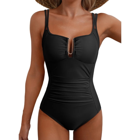 Eytino Swimming Suits for Women One Piece Swimsuit Tummy Control Ruched Slimming U-Wire Cutout Bathing Suit