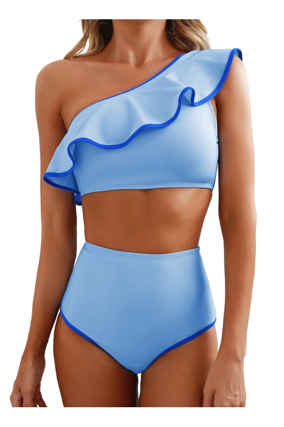Swimsuit Women High Waisted Bikini Set Color Block Trim Ruffle Hem Bathing Suits One Shoulder Swimsuits for Women Swimwear Sky Blue S