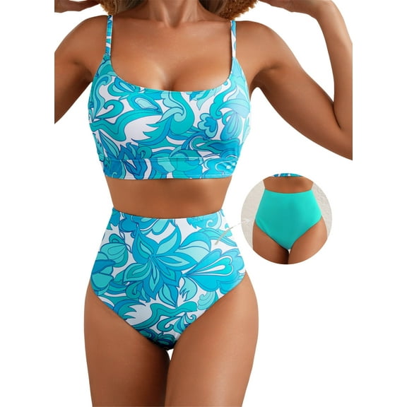 Eytino Swimsuit Women High Waisted Bikini Sets Color Block 2 Piece Swimming Suits Summer Beach Bathing Suit with Reversible Bottom Swimwear Blue
